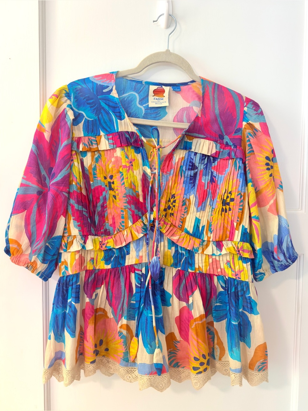 FARM Rio Anthropologie Floral Cotton Peplum Blouse in Blue Multicolor Size L